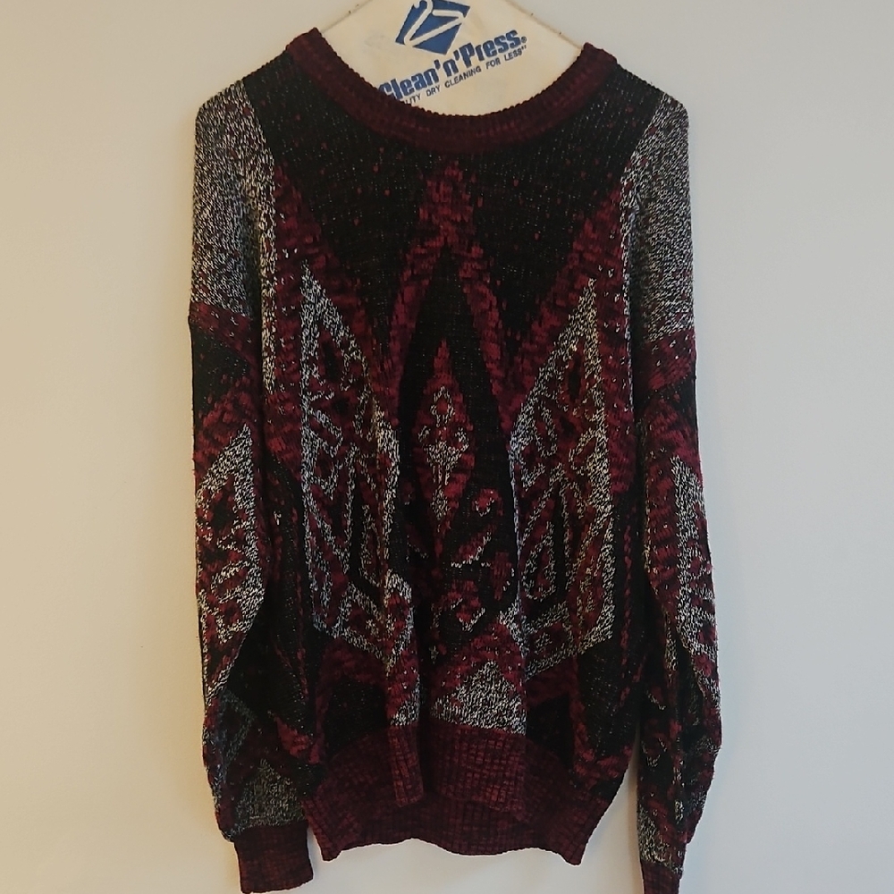 Expressions Vintage Burgundy and Black Patterned Sweater